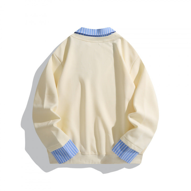 Unisex Layered Look Sweatshirt with V-Neck, integrated Shirt Collar and Striped Cuffs Chichicherry