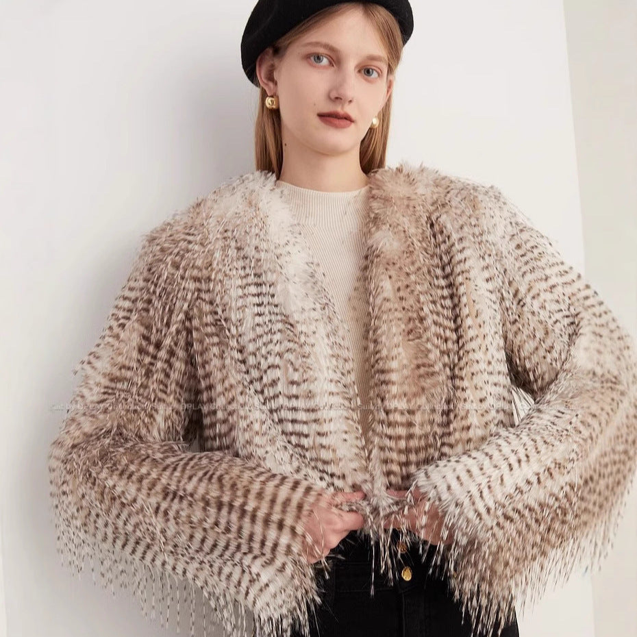 Women's Short Plush Bolero with Striped Feather Look and Boxy Silhouette Chichicherry