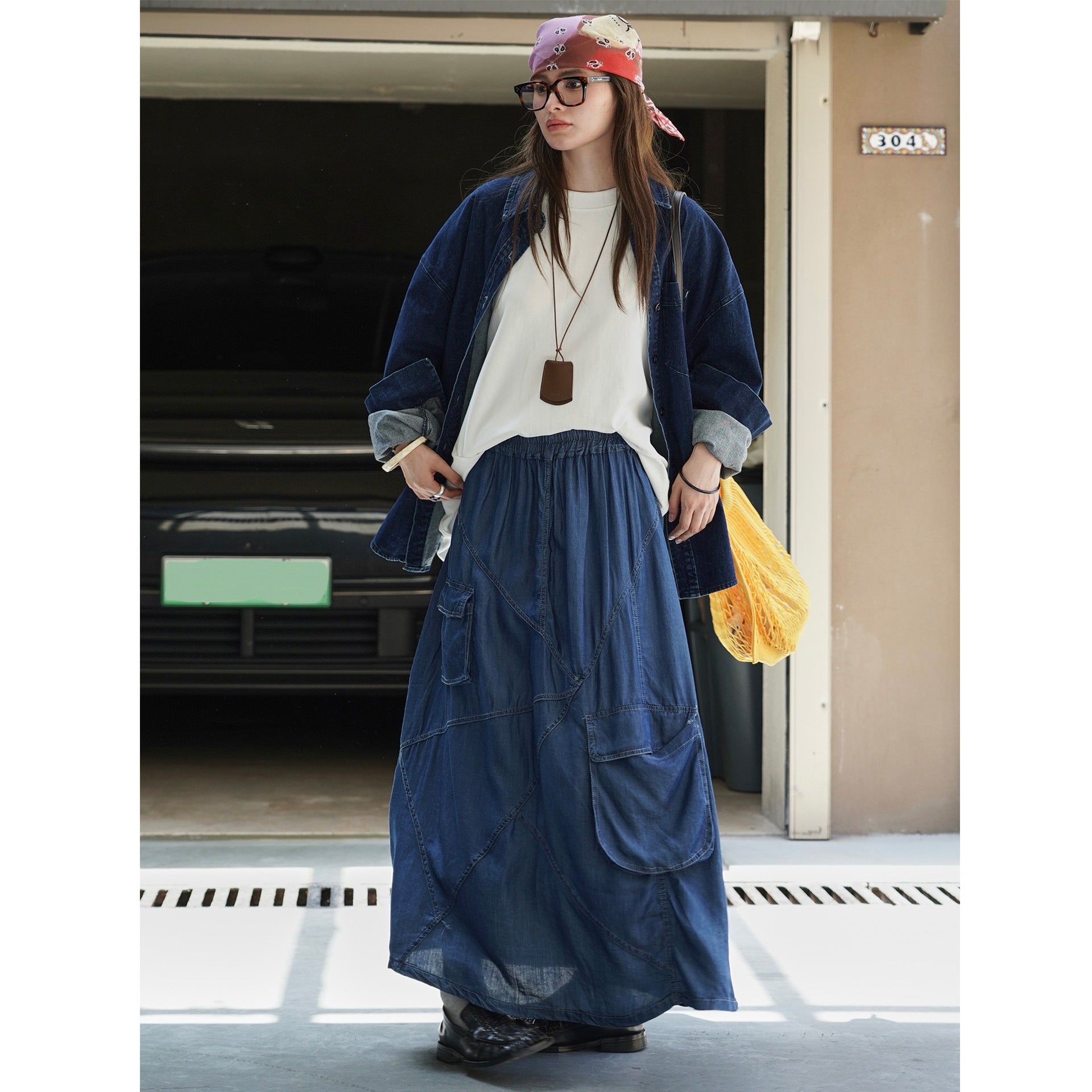 Women's Long Denim Maxi Skirt with Elastic Drawstring Waistband and Attached Cargo Pocket Chichicherry
