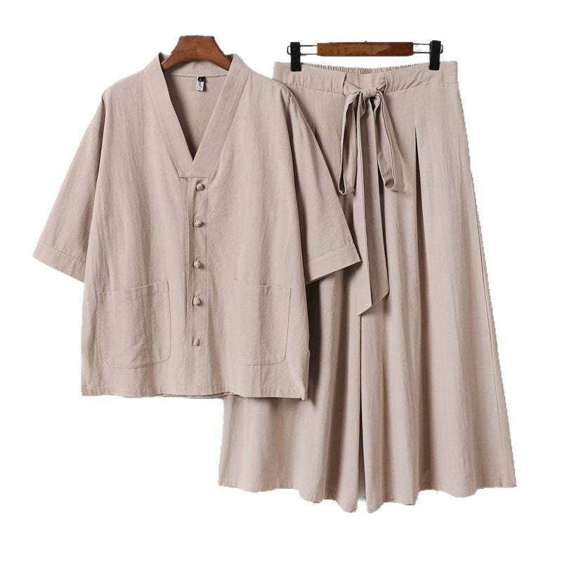 Women Two-Piece Kimono Lounge Set with Short Sleeve Button Jacket, Patch Pockets and Wide Palazzo Pants Chichicherry