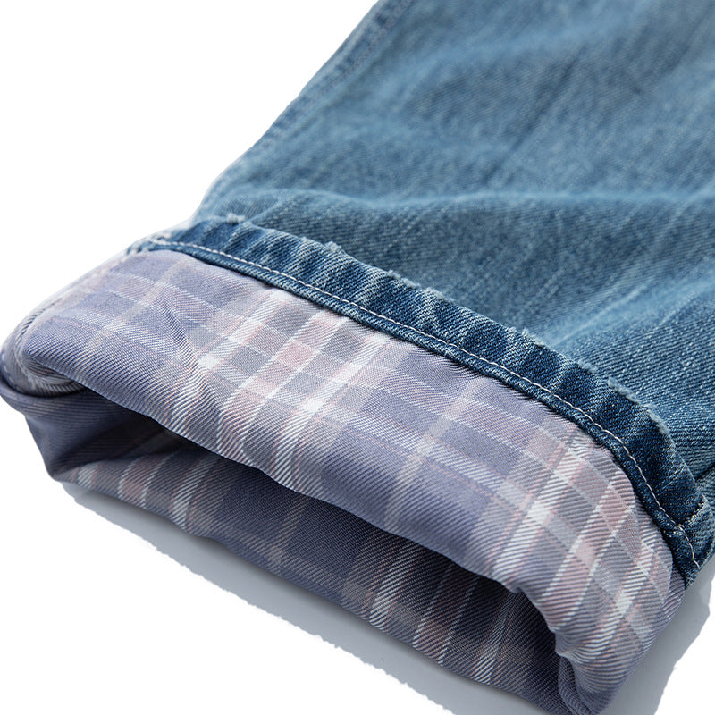 Women's High-Waist Relaxed-Fit Jeans with Wide Leg, Turned-Up Hem, and Checked Lining Chichicherry