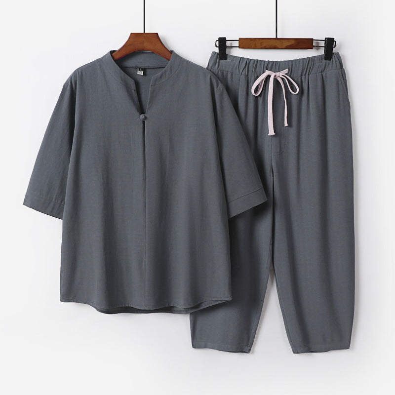 Women Lightweight Linen-Cotton Loungewear Set with Stand Collar, Three-Quarter Sleeves and Elasticated Waist Pants Chichicherry