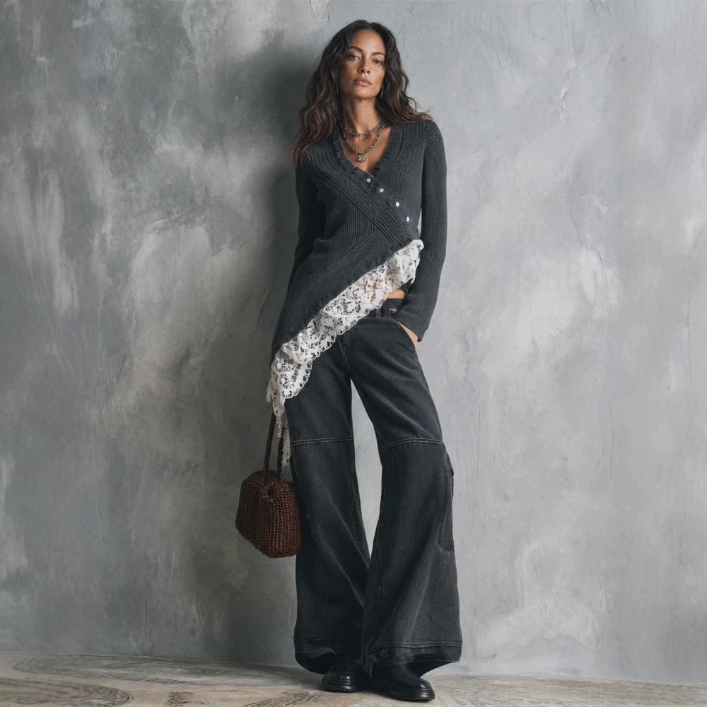 Women's Asymmetrical Knit Cardigan with Lace Trim and Button Placket Chichicherry