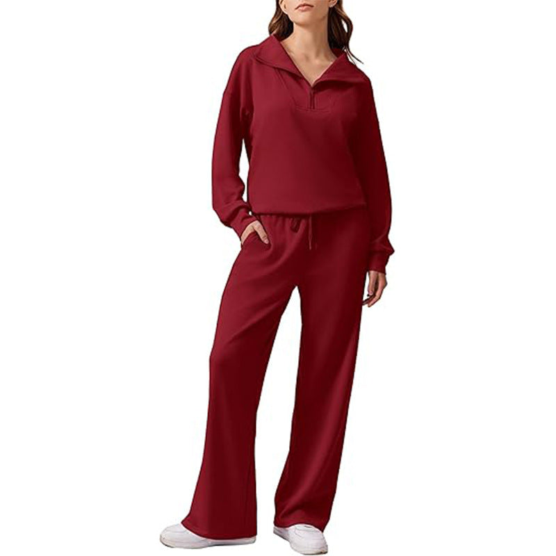 Women Casual Two-Piece with Half Zipper and Flowing Wide-Leg Jogging Pants Chichicherry