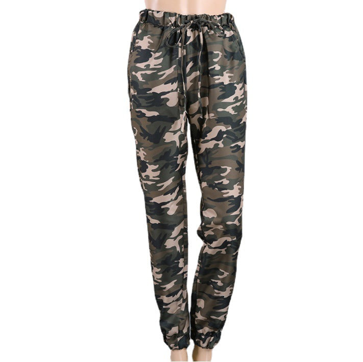 Ladies High-Waist Cargo Pants in Camouflage Design with Elastic Waistband and Cord Chichicherry