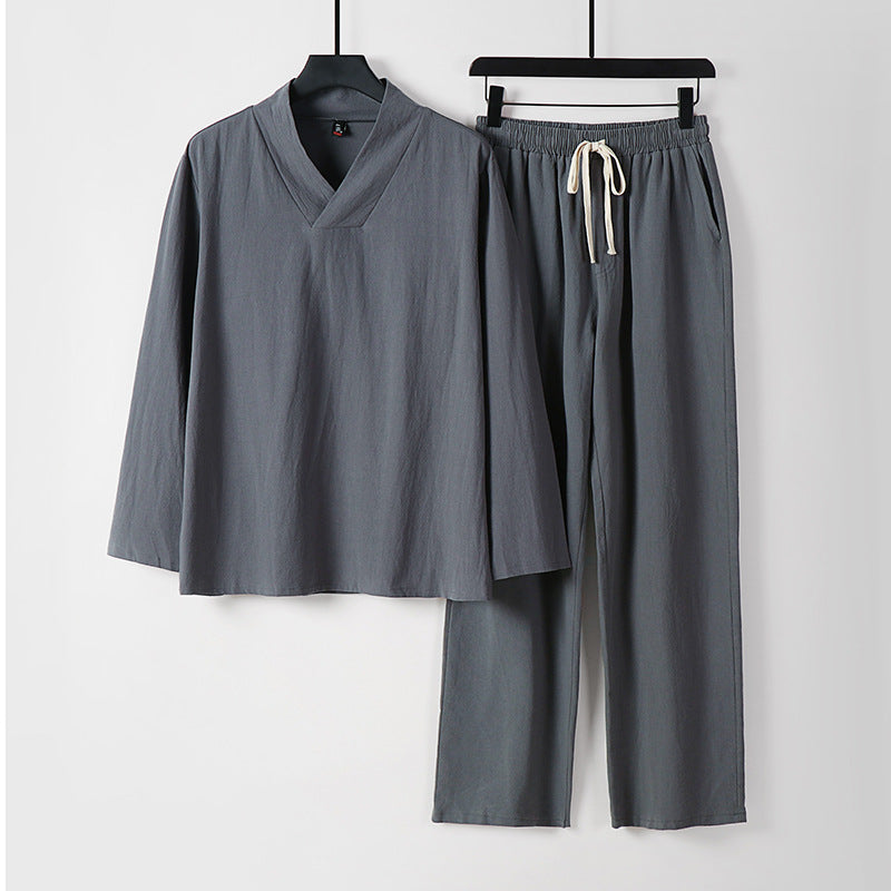 Unisex Zen-inspired Lightweight Loungewear Set with V-Neck Shirt and Elastic Drawstring Pants Chichicherry