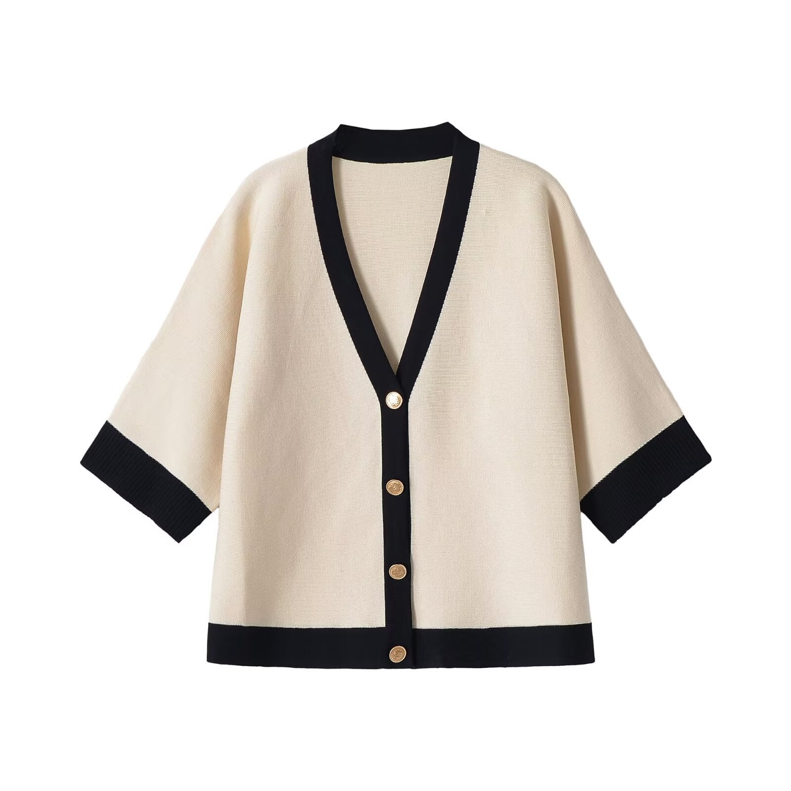 Ladies Short Sleeve Knit Cape Cardigan with Contrast Trim Chichicherry
