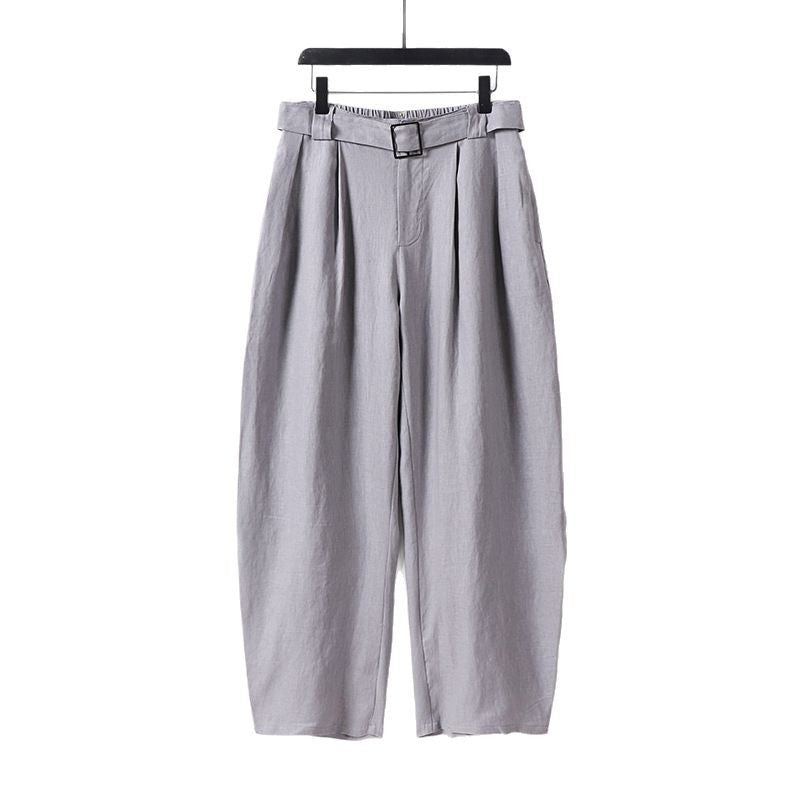 Women High-waisted wide linen blend pants with pleats and fabric belt Chichicherry
