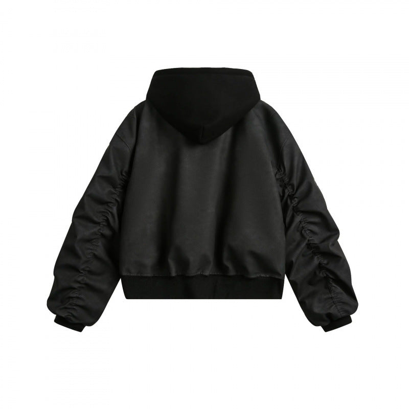 [Men] Short cut bomber jacket in vintage velvet look with integrated hood, functional arm pocket and ribbed cuffs Chichicherry