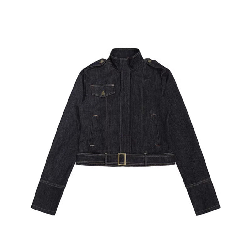 Women's tailored denim jacket with high stand-up collar, waist belt and shoulder patches Chichicherry