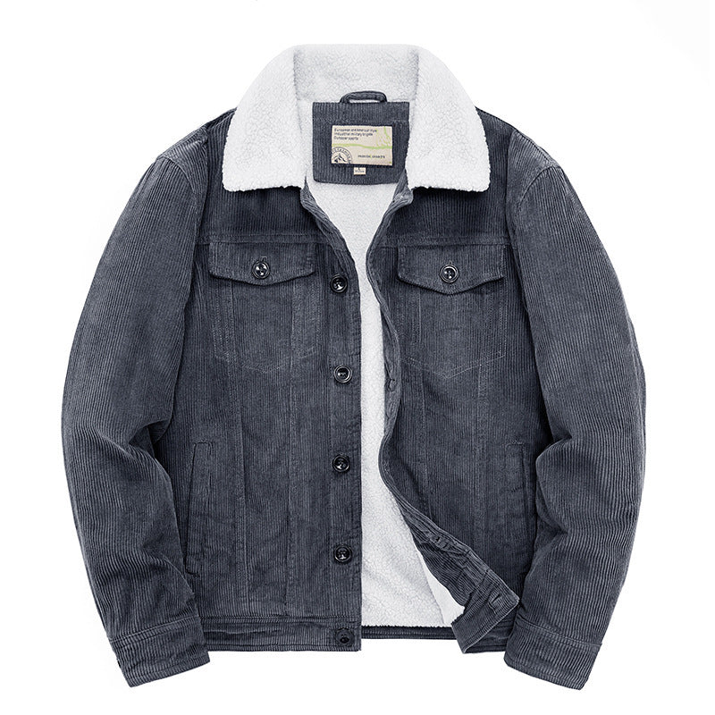 Men's cord worker jacket with continuous teddy lining, shirt collar, and chest pocket Chichicherry