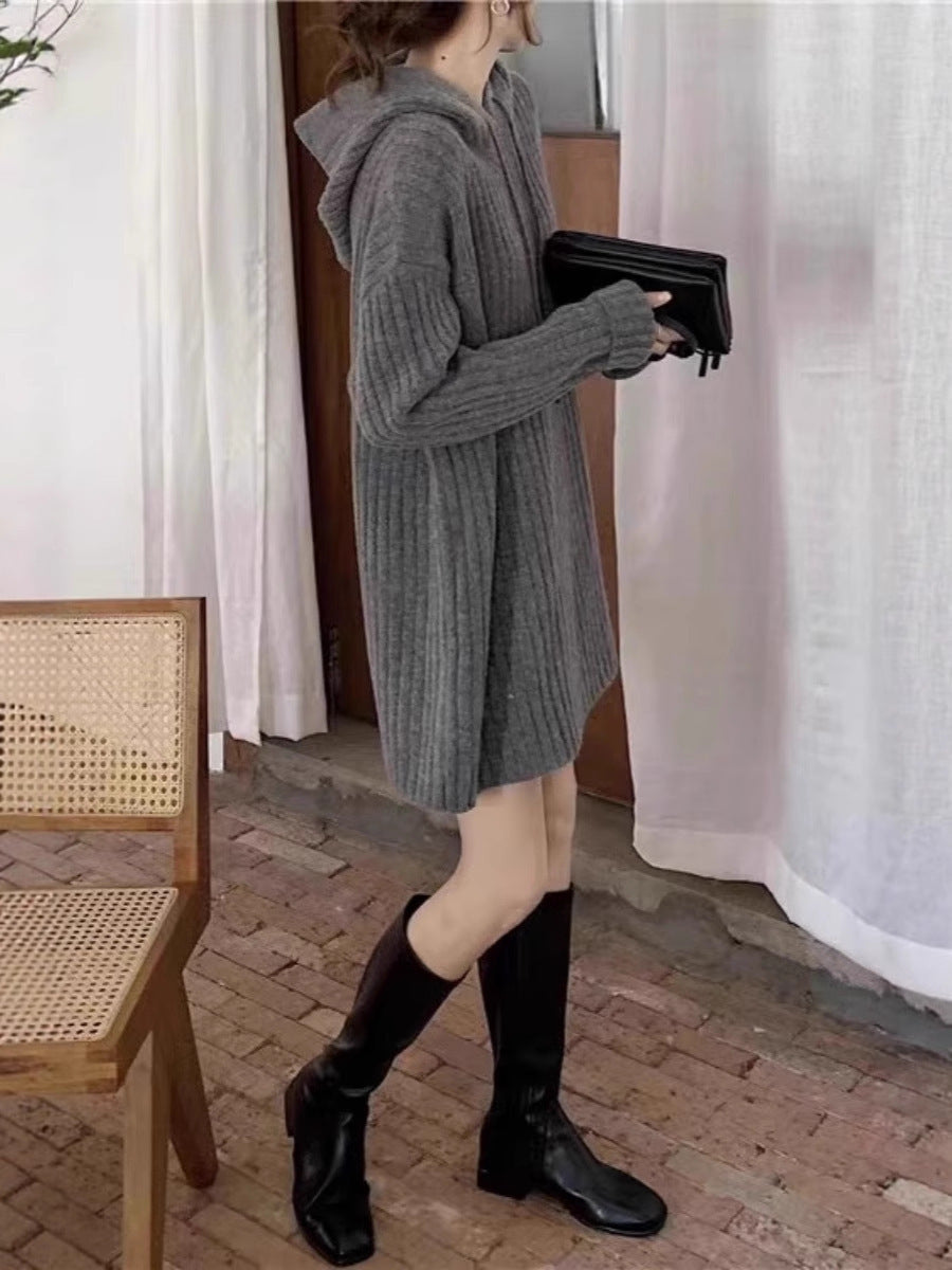 Women's knit hoodie dress with ribbed texture and oversized silhouette Chichicherry