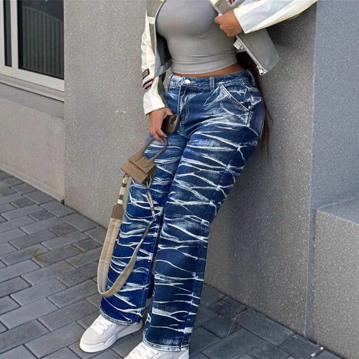 Ladies High-Waist Straight Jeans with bleached Wave pattern and Relaxed fit Chichicherry