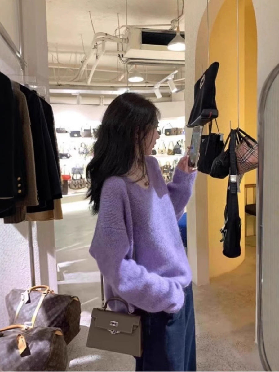 Women Oversize V-Neck Mohair-Look Sweater with Angora-Look and Dropped Shoulder Chichicherry
