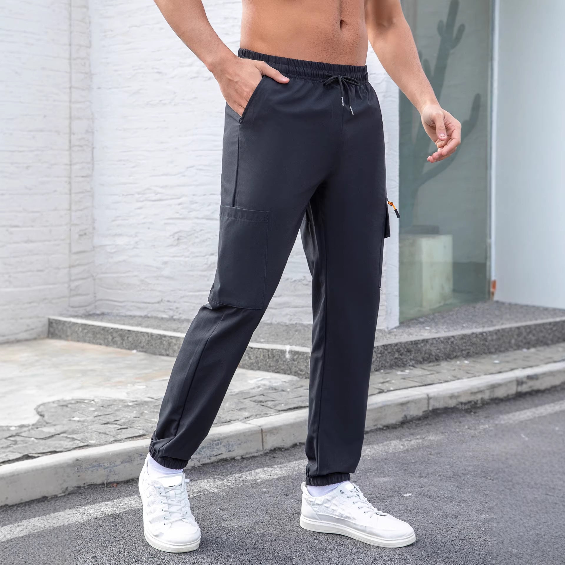 Men's Tech Cargo Jogging Pants with Elastic Drawstring, Zipper Leg Pocket & Fitted Ankle Cuff Chichicherry
