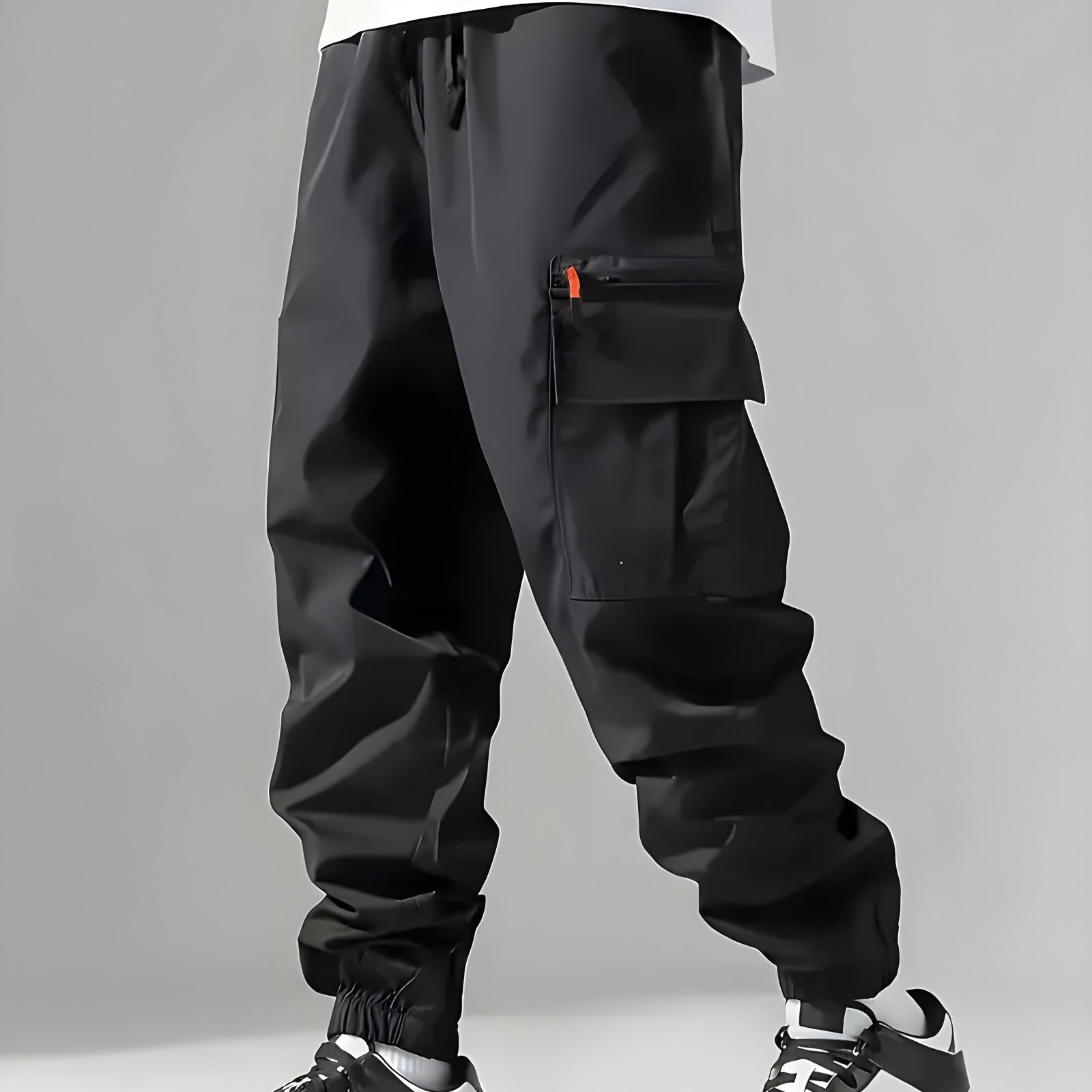 Men's Technical Cargo Pants in Jogger Style with Elastic Waistband, Zipper Utility Pocket & Cuffs Chichicherry