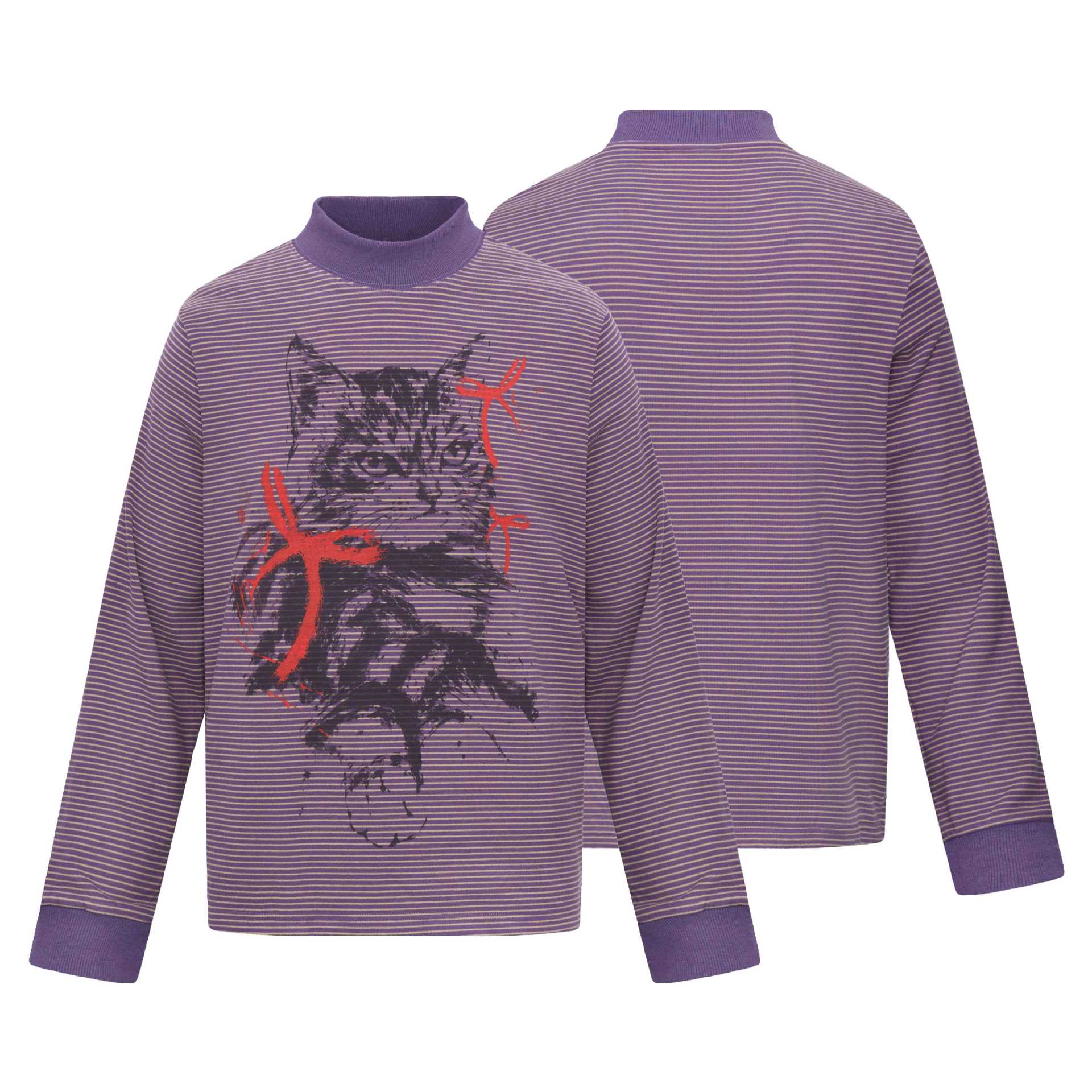 Unisex Striped Long Sleeve with Stand Collar, Oversize Cut and Cat Print Chichicherry