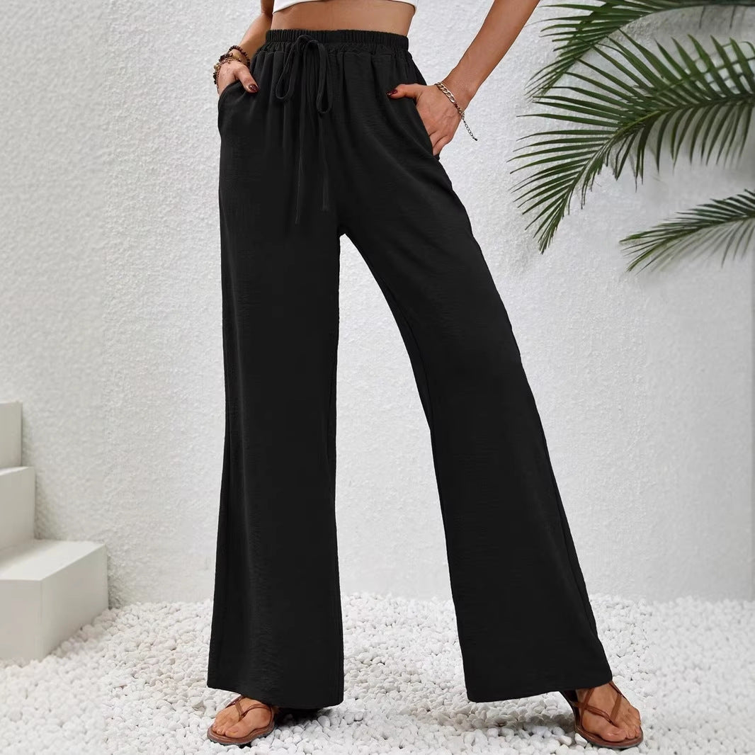 Women's Light Palazzo Pants with Elastic Waistband, Drawstring, and Side Pockets Chichicherry