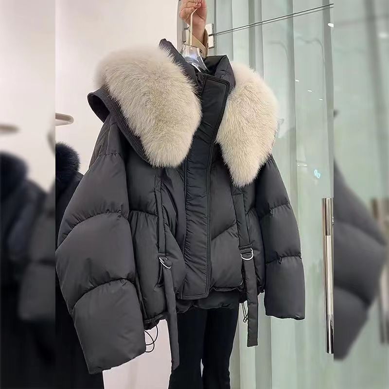 Ladies nano short thermo puffer jacket with detachable faux fur collar, high closing stand-up collar, and drawstring hem Chichicherry