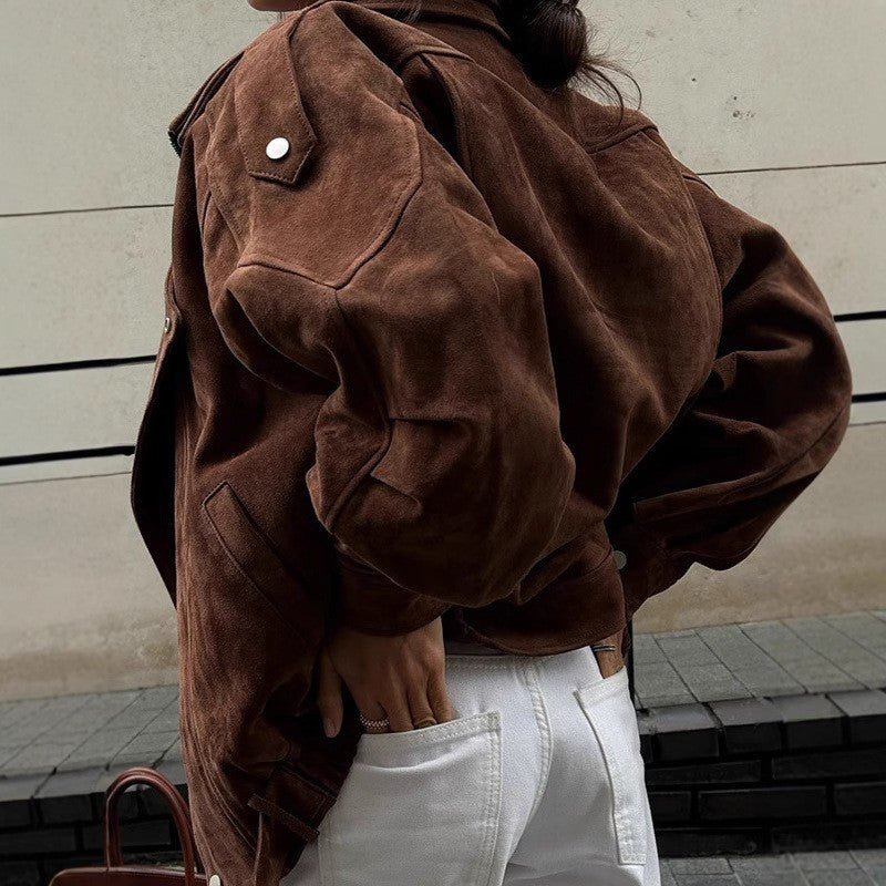 Women's Oversized Suede Blouson with Asymmetrical Zipper and Waistbelt Chichicherry