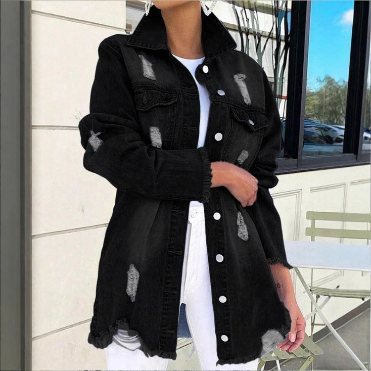 Ladies Longline Denim Jacket with Destroyed Details and Fringed Hem Chichicherry