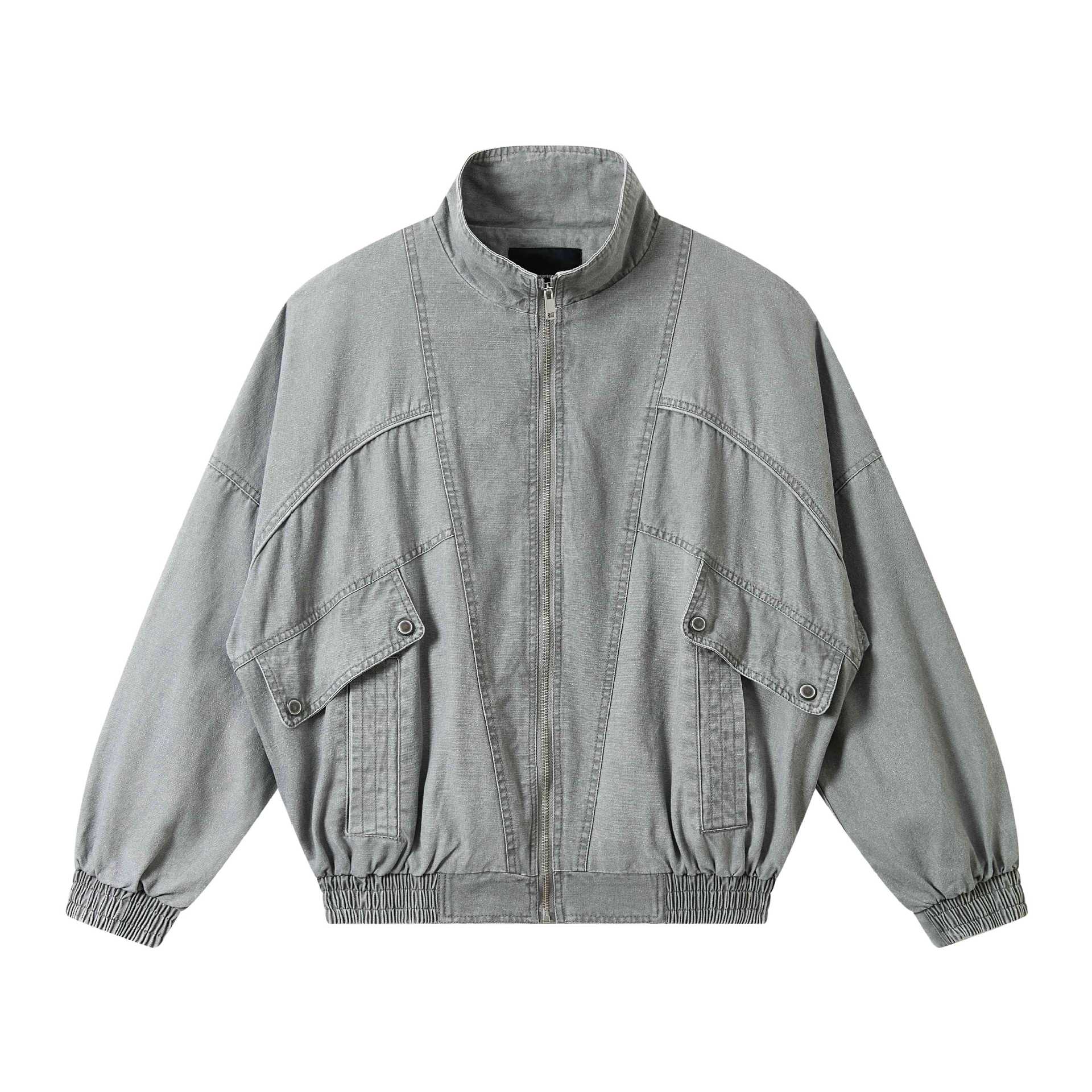 Unisex Short Cut Washed Canvas Utility Jacket with High Stand-Up Collar Chichicherry
