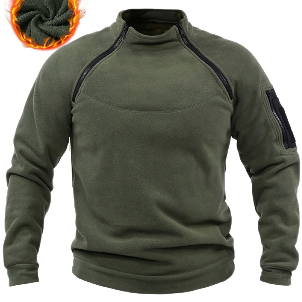 Men's Thermal Fleece Pullover with Shoulder Zippers, Stand Collar & Sleeve Utility Pocket Chichicherry