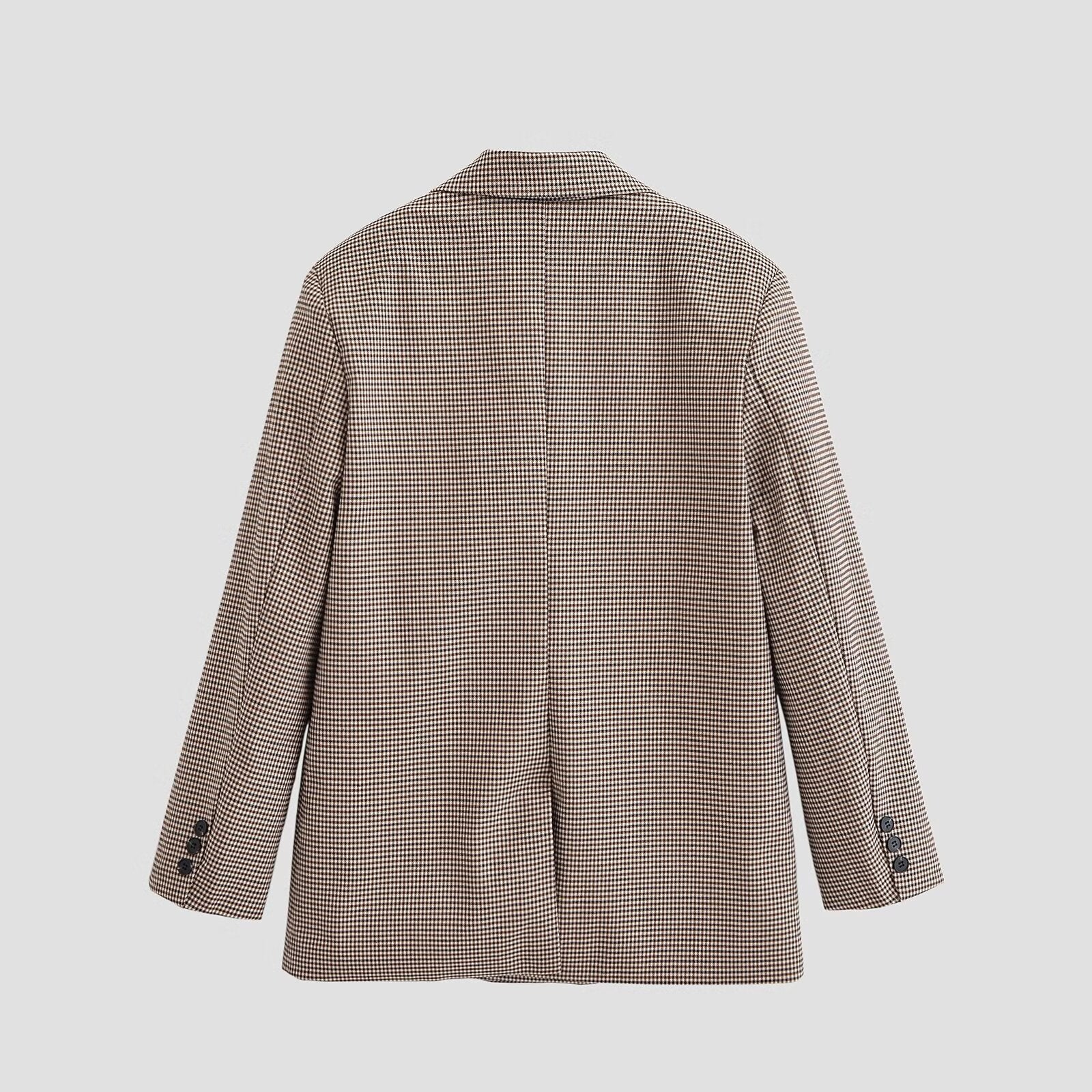 Women Double-Breasted Oversized Blazer with Houndstooth Pattern and Flap Pockets Chichicherry