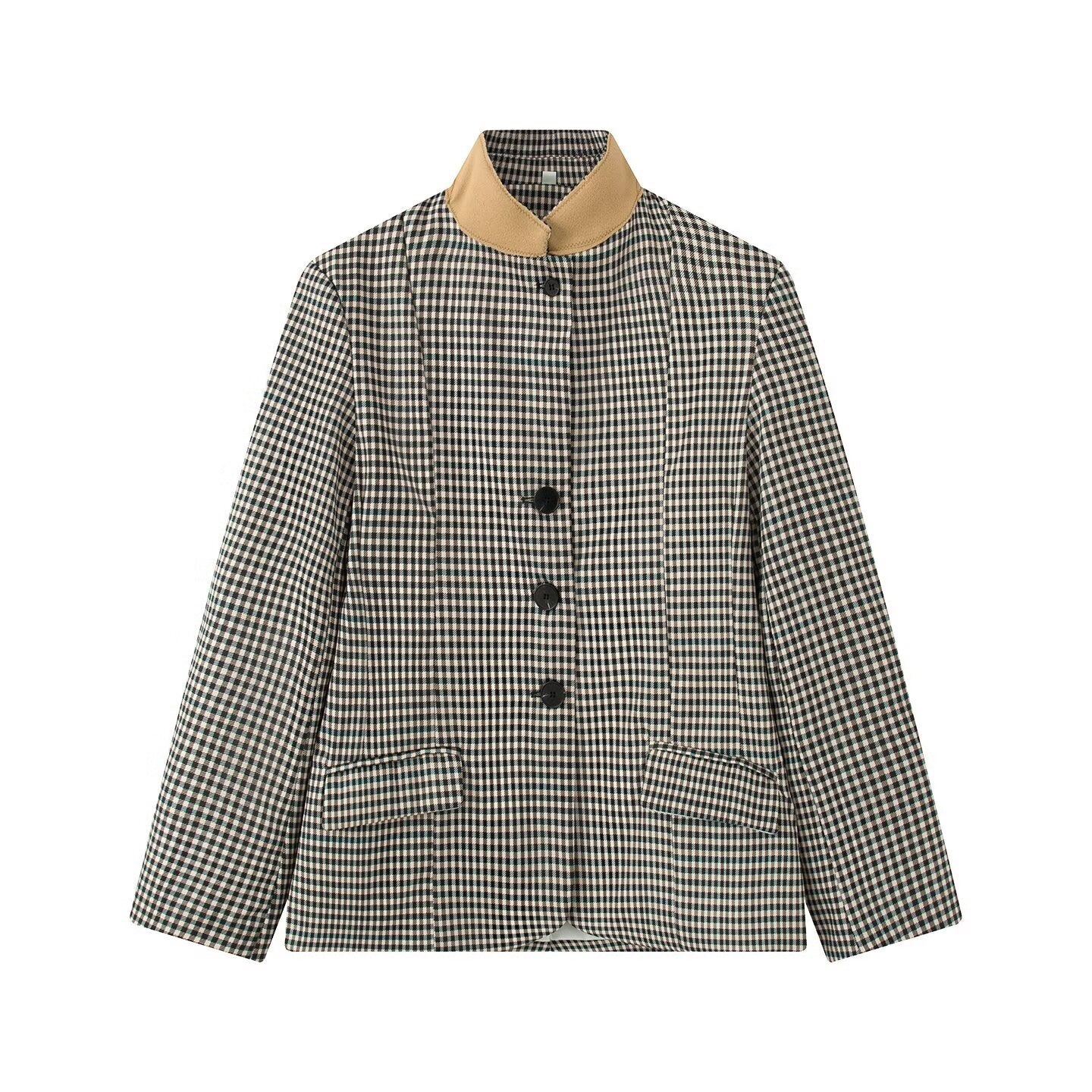 Women Checked Boxy Blazer Jacket with Contrast Stand Collar and Flap Pockets Chichicherry