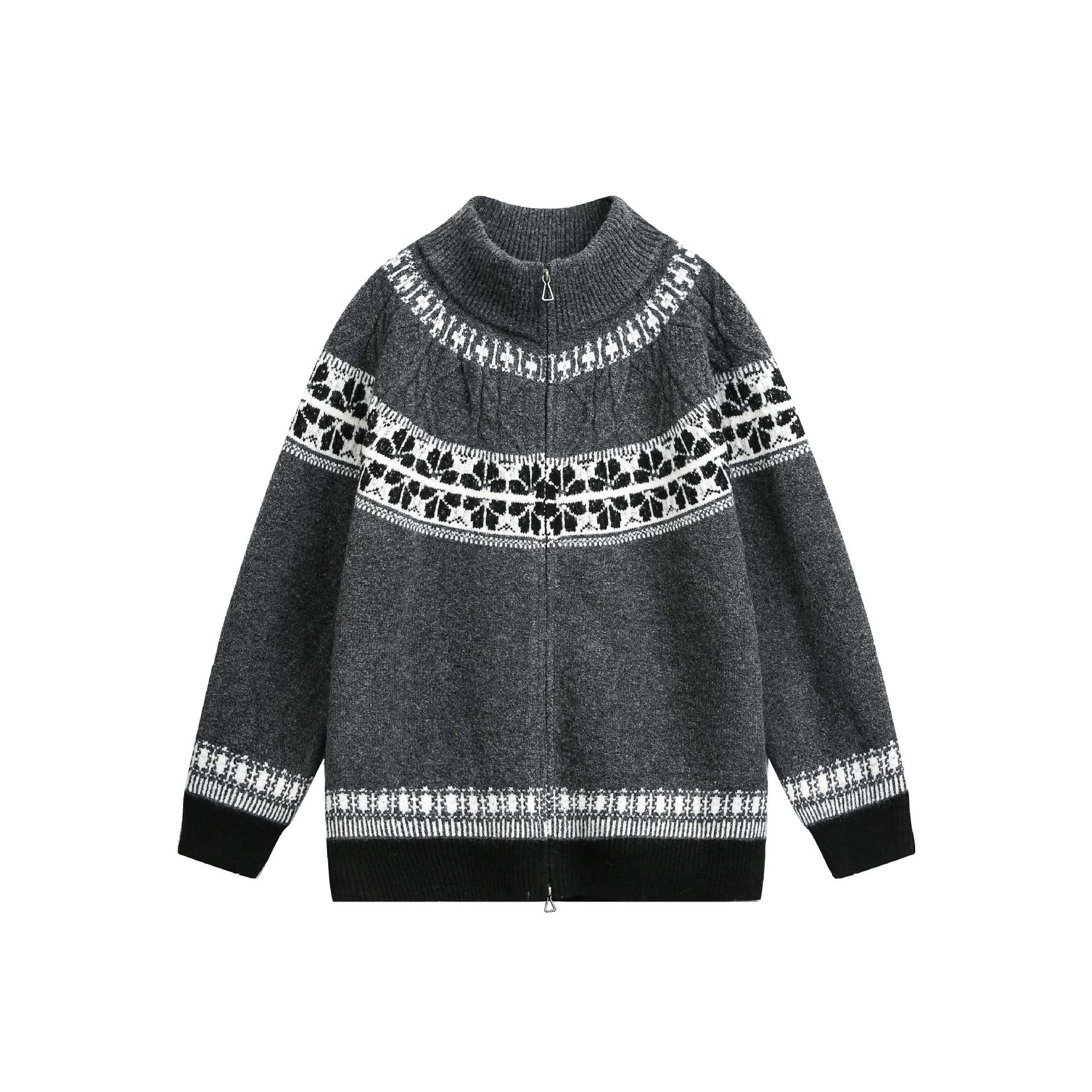 Women's knitted zip jacket in Norwegian pattern with high stand-up collar Chichicherry