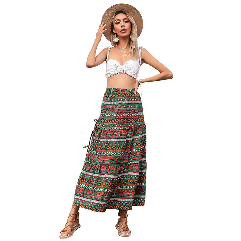 Women's Long Boho Maxi Skirt with Ethnic Print and Side Ties Chichicherry