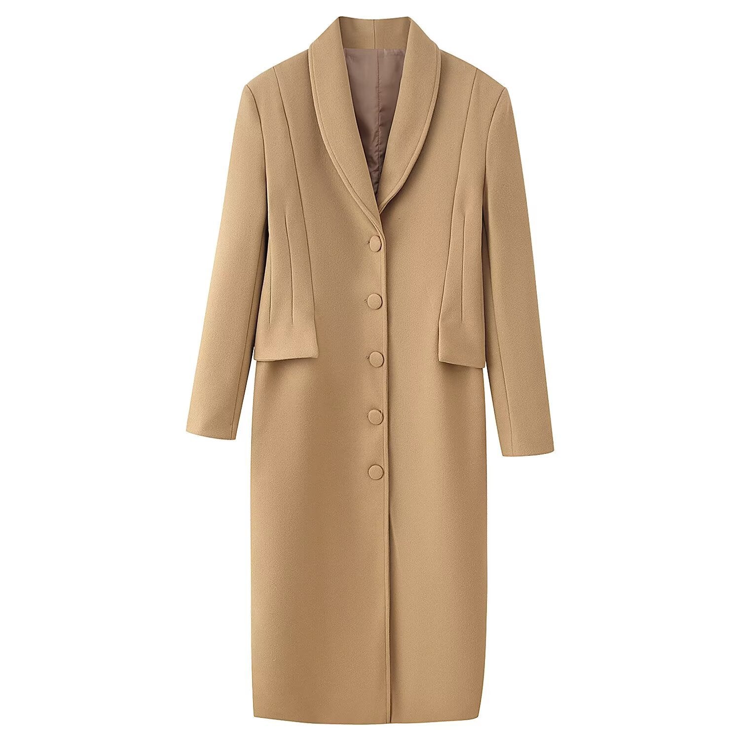 Women's Tailored Longline Wool Blend Coat with Shawl Collar and Concealed Button Placket Chichicherry