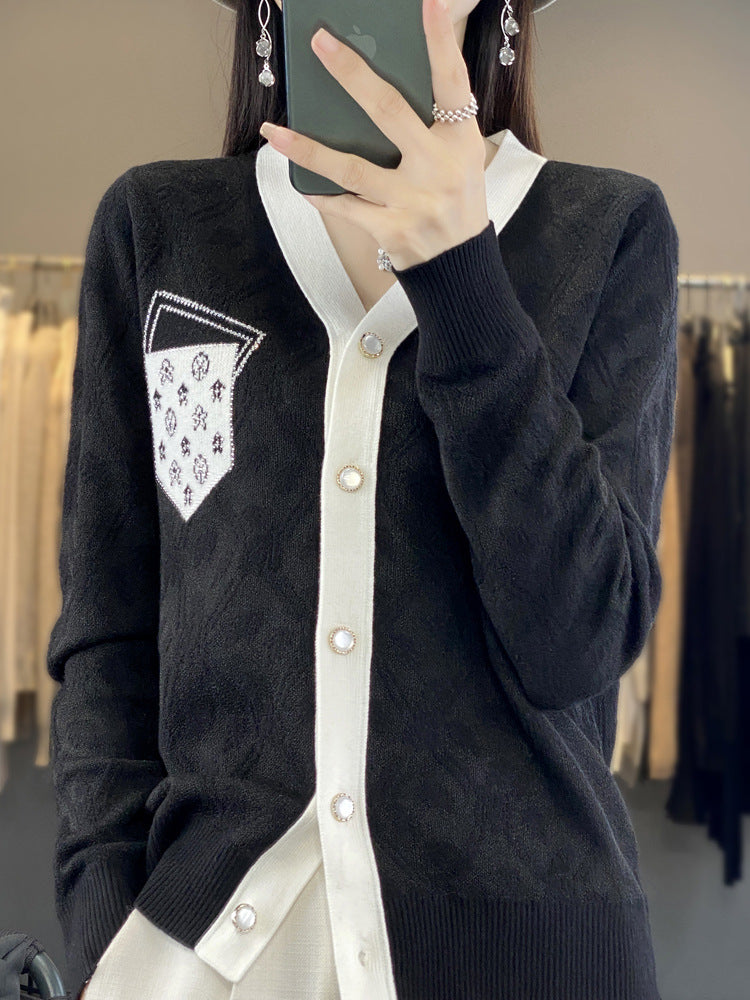 Women's Short-Cut V-Neck Cardigan with Pearl Buttons and Contrasting Breast Pocket Chichicherry