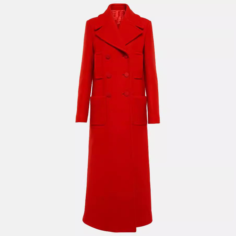 Women floor-length double-breasted wool-cashmere coat with wide lapels Chichicherry