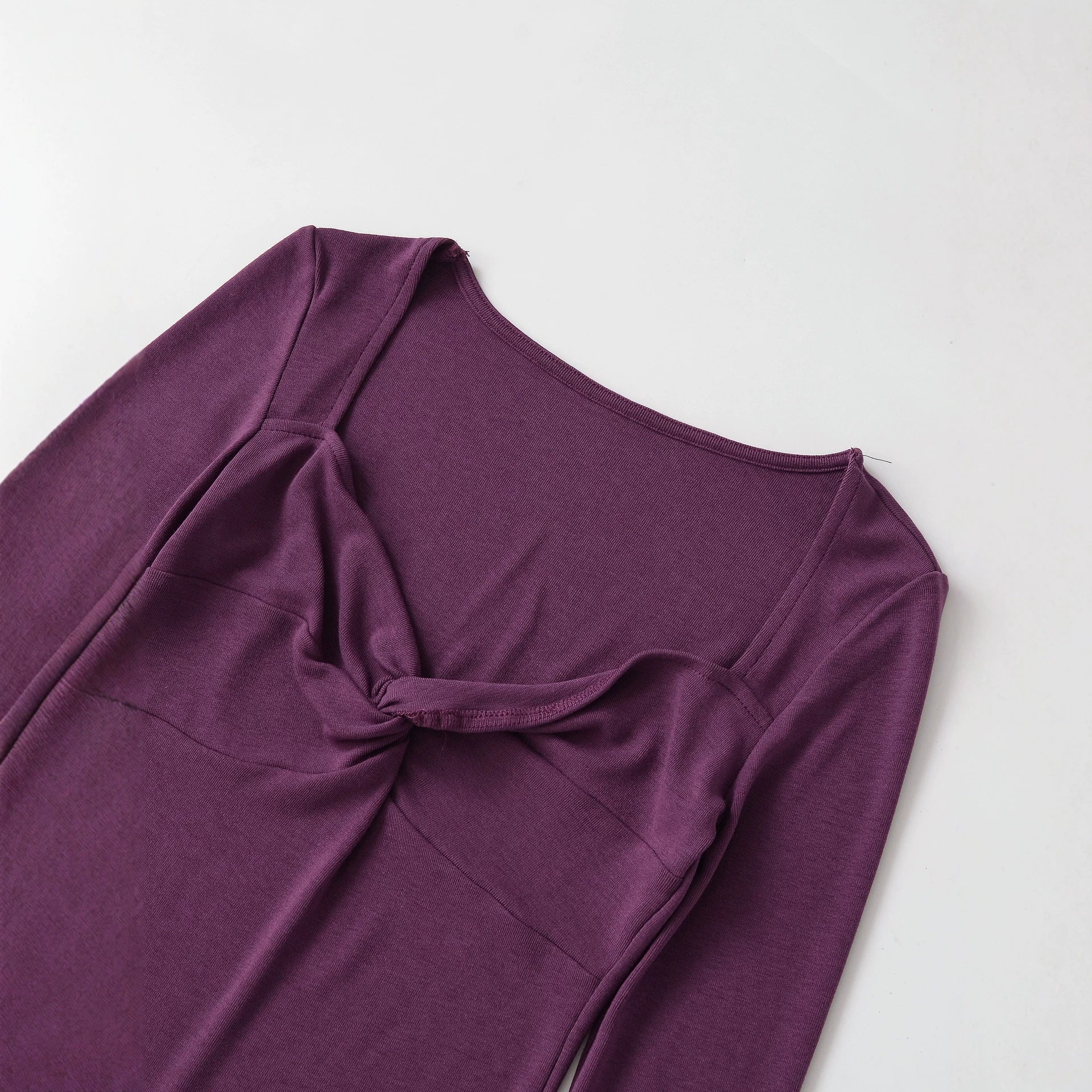 Women's Long Sleeve Shirt with Twist Knot Detail, Shaping Bust Part and Wide Neckline Chichicherry
