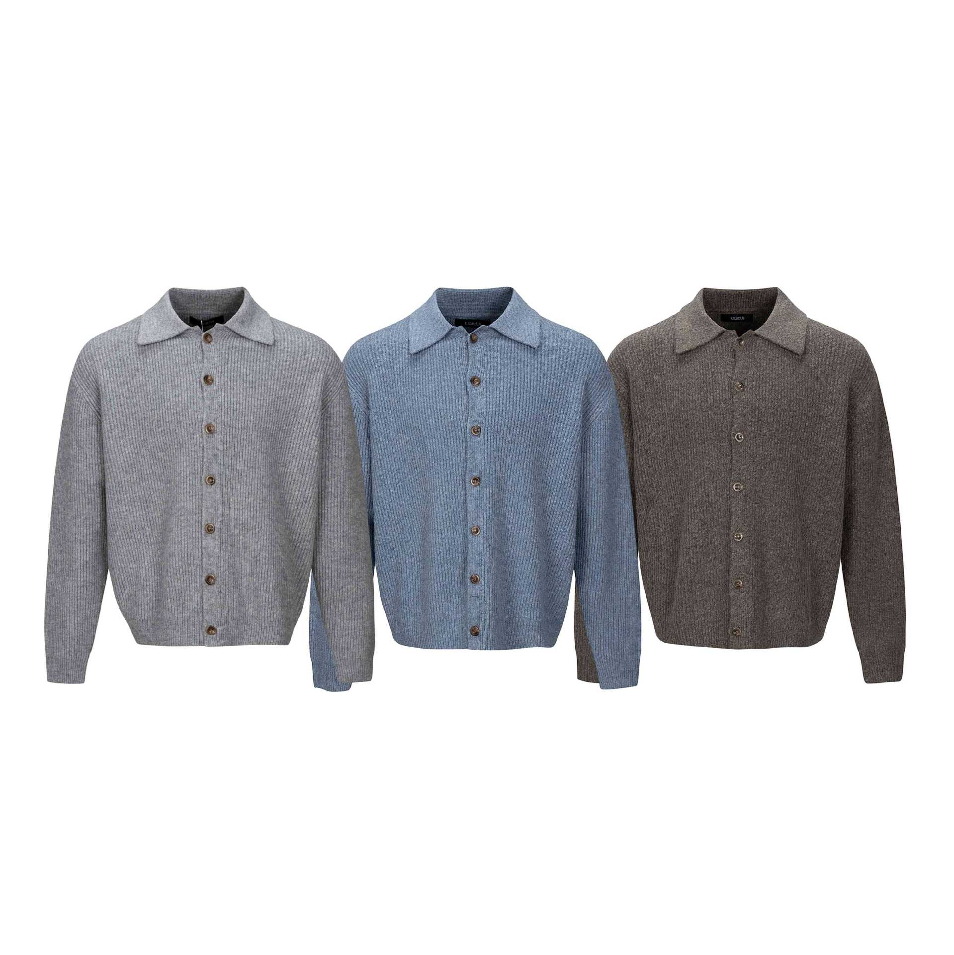 Men's Structured Knit Cardigan with Shirt Collar and Full Button Placket Chichicherry