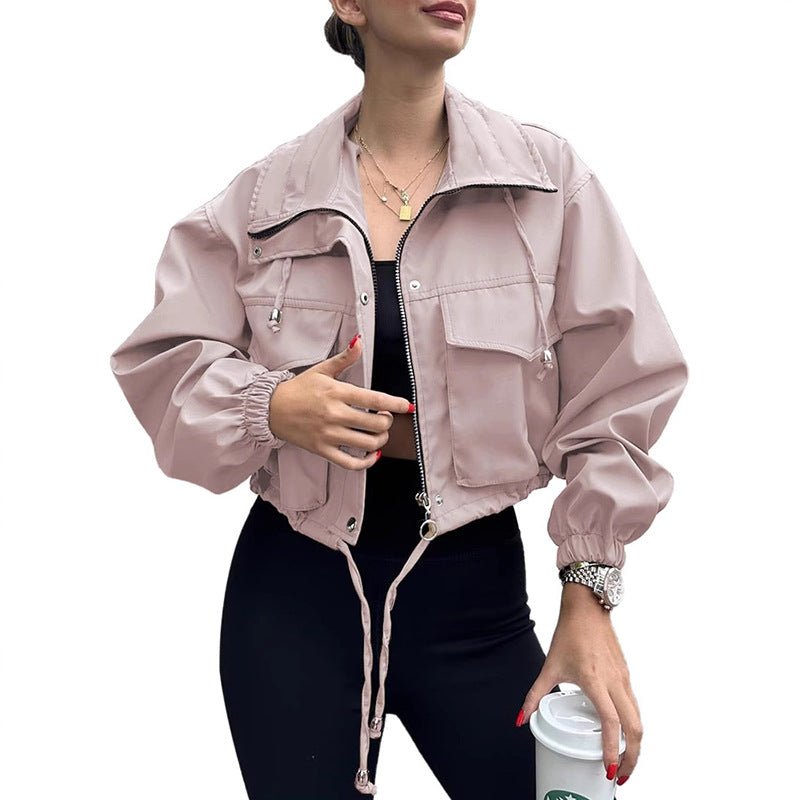 Women's Short Utility Bomber Jacket with Drawstring and Oversized Sleeves Chichicherry