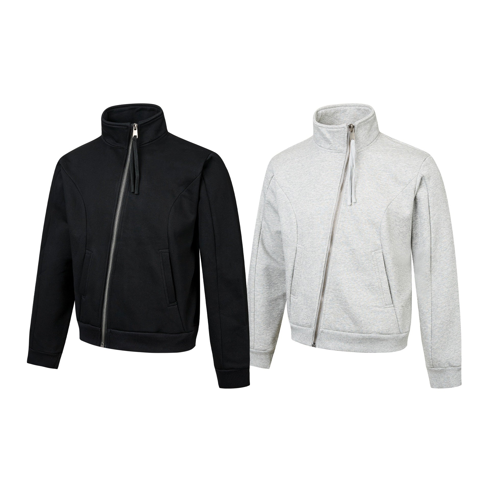 Unisex Short-cut Sweat Jacket with High Stand-up Collar and Asymmetrical Zipper Chichicherry