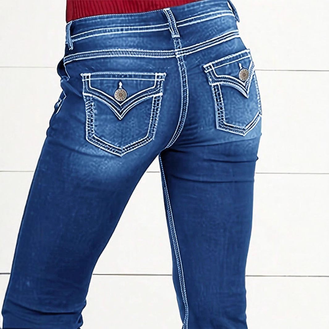 Ladies' Waist-Cinched Bootcut Jeans with Decorative Button Appliqué and Contrast Stitching Chichicherry