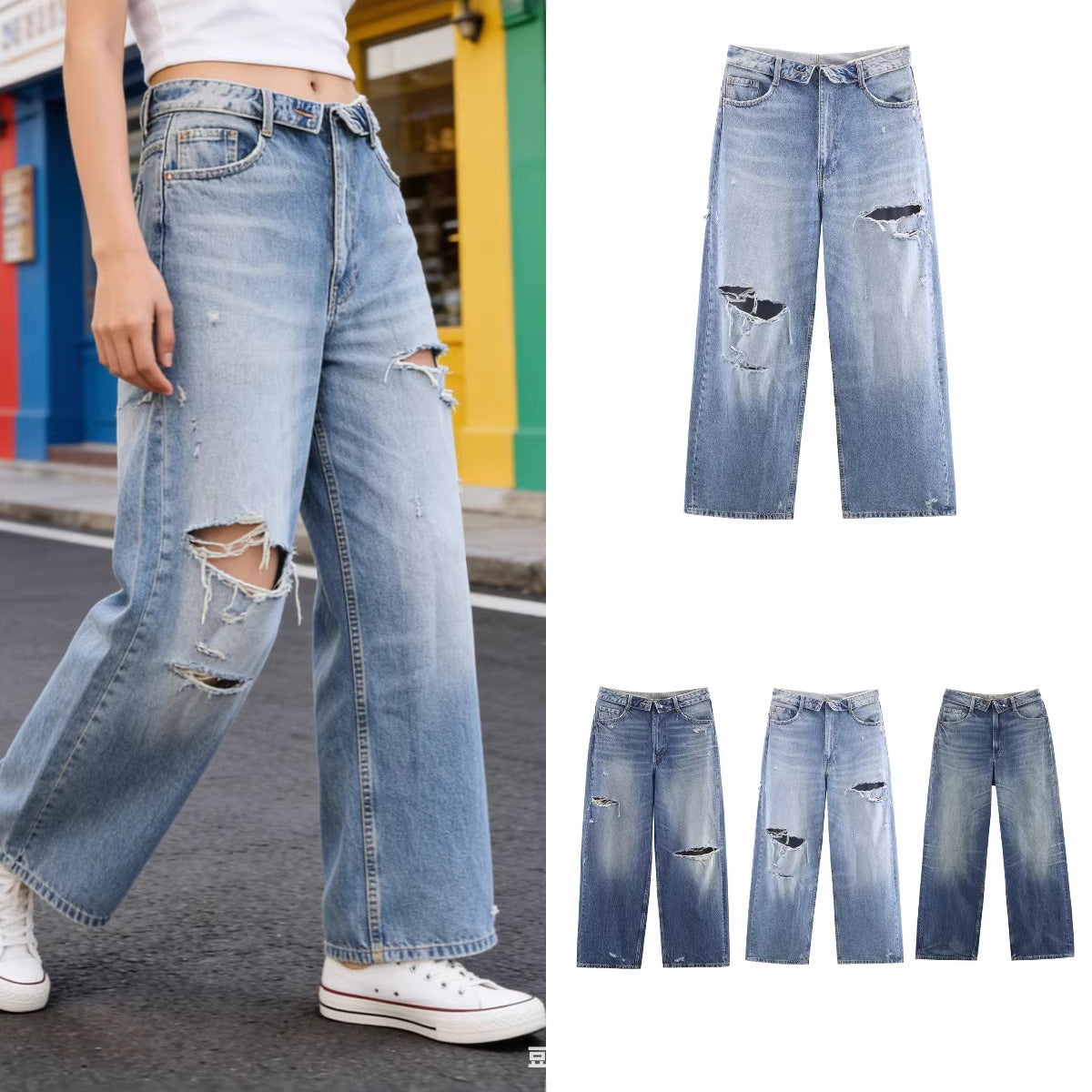 Ladies Wide Destroyed Jeans with High Waist and Straight Leg Chichicherry