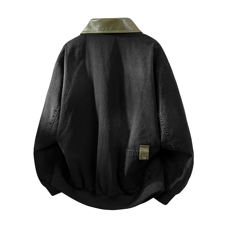 Men's Oversized Bomber Jacket with Contrast Faux Leather Collar and Ribbed Hem Chichicherry