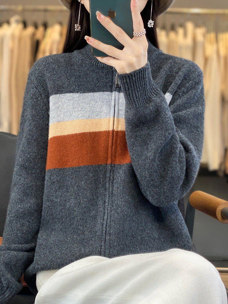Women's Zip-Up Knit Cardigan made of soft wool blend with block stripes and ribbed hem Chichicherry