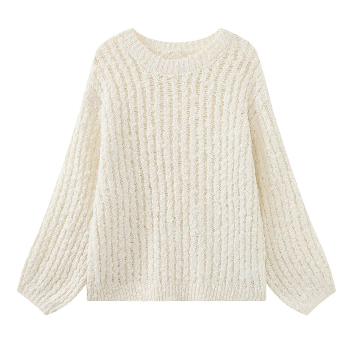 Women's Oversize Chunky Knit Pullover with Openwork Pattern and Round Neckline Chichicherry