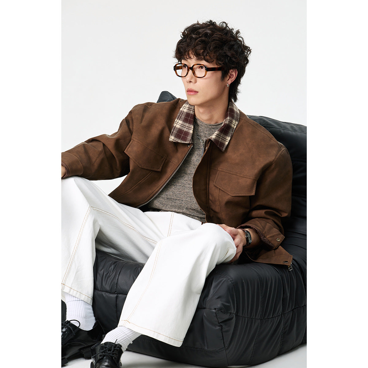 Men's Boxy Faux Leather Blouson with Checked Turn-Down Collar and Flap Pockets