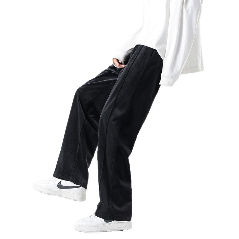 Men's Wide Velvet Jogging Pants with Elastic Waistband and Drawstring Chichicherry