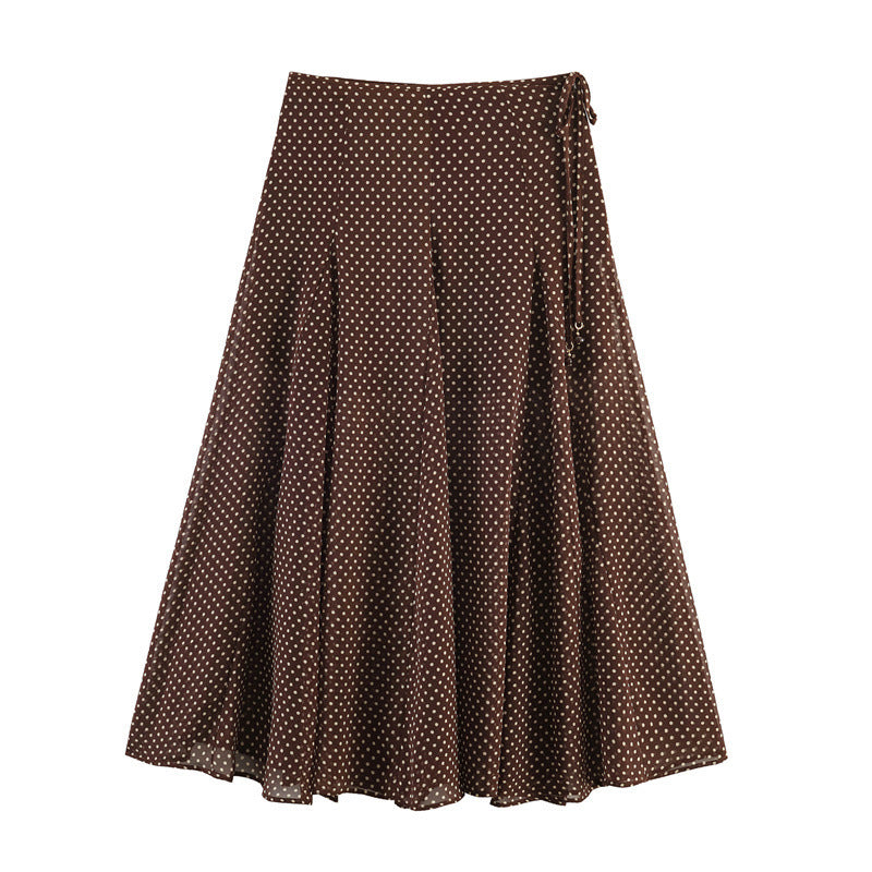 Women's Flowing A-Line Midi Skirt with Polka Dot Print and Tie Bow Chichicherry