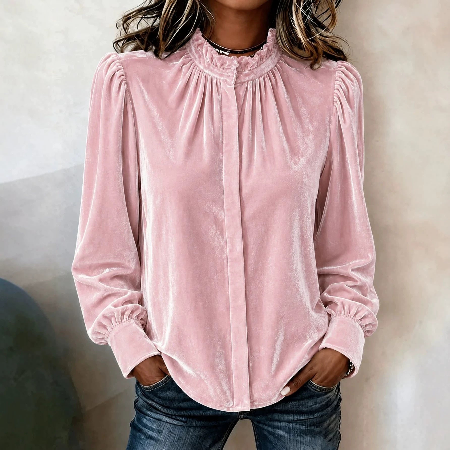 Ladies' velvet blouse with ruffled stand collar, concealed button placket, and gathered balloon sleeves Chichicherry