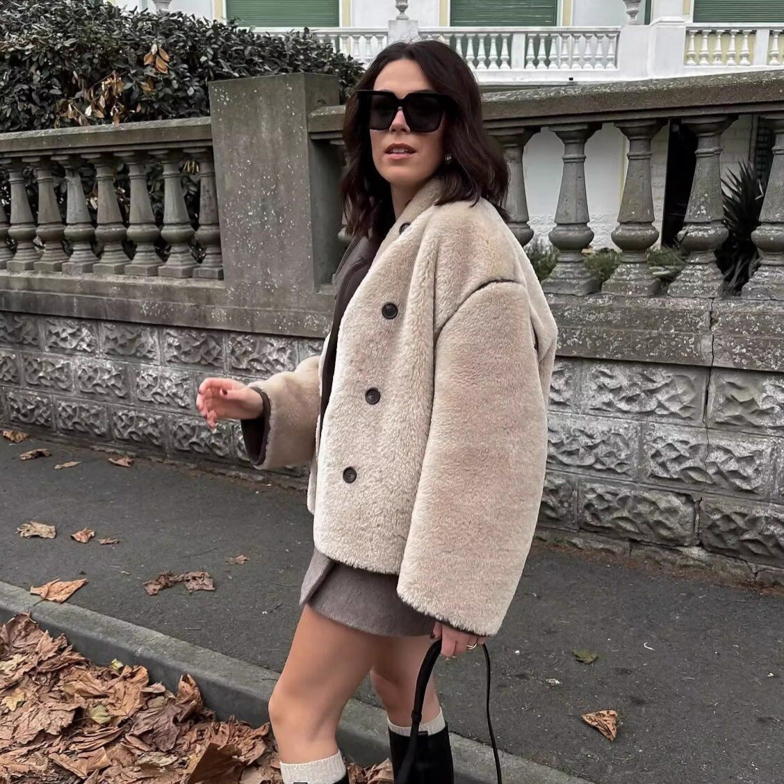 Women's Short Cropped Oversized Teddy Coat with Stand Collar and Contrast Piping Chichicherry