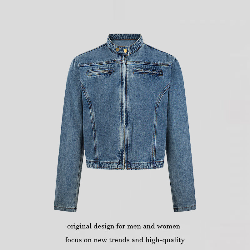 Women's short tailored denim jacket with stand-up collar and hidden zipper Chichicherry