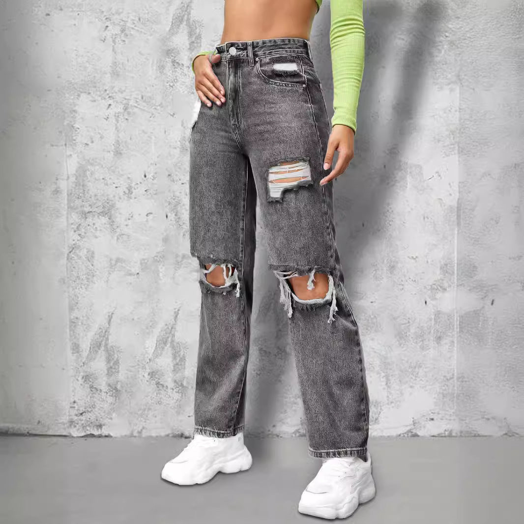 Ladies High-Waist Ripped Straight-Leg Jeans with Knee Cutouts and Used Wash Chichicherry
